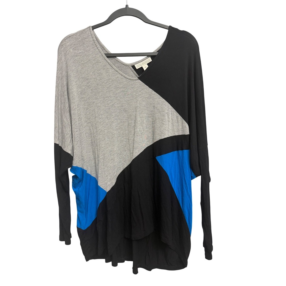 Dana Buchman Womens XL Colorblock Tunic Top V-Neck Long Sleeve Black Grey Blue